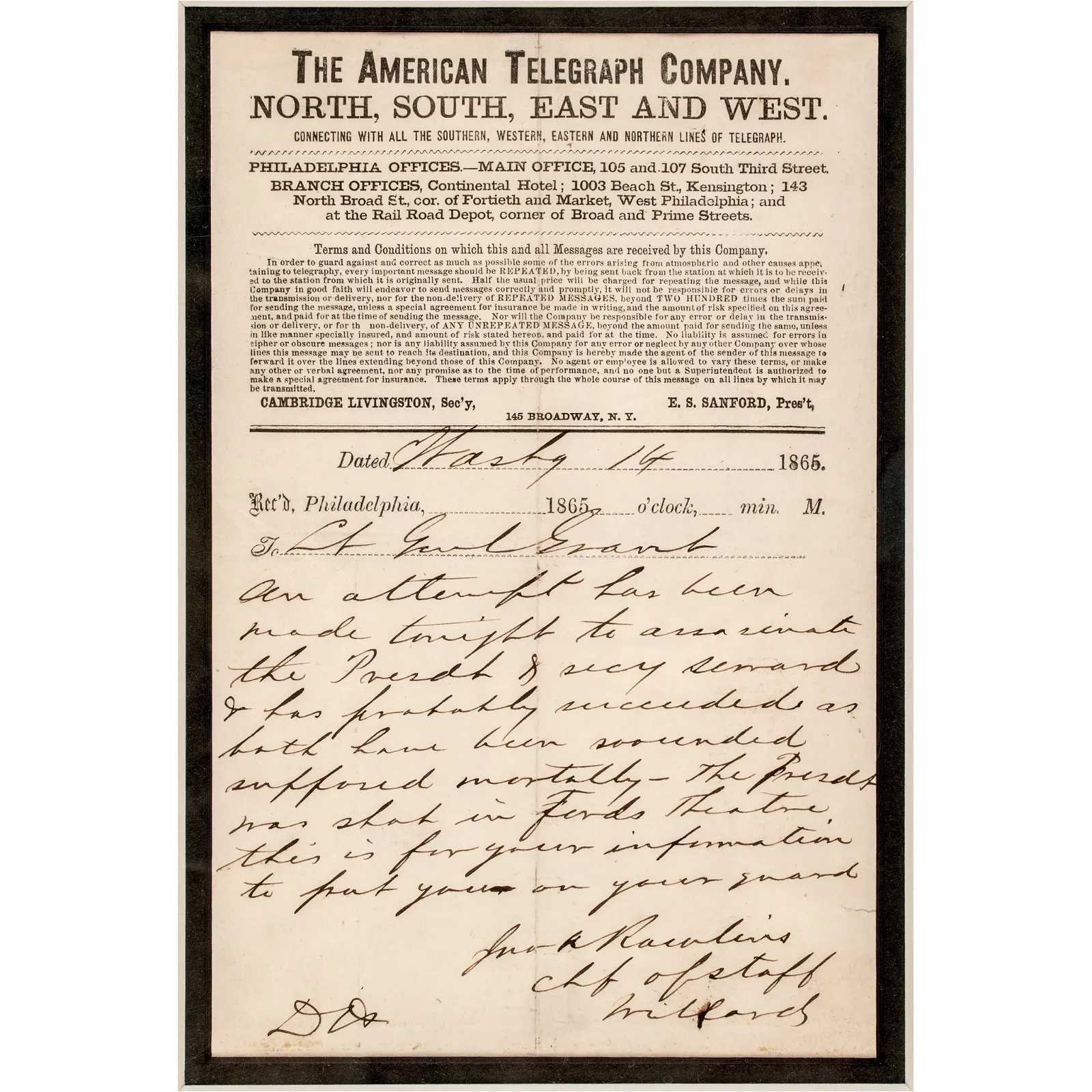 Telegram informing U. S. Grant of Lincoln’s assassination, which sold for $91,000 with buyer’s premium at Early American History Auctions on March 30.