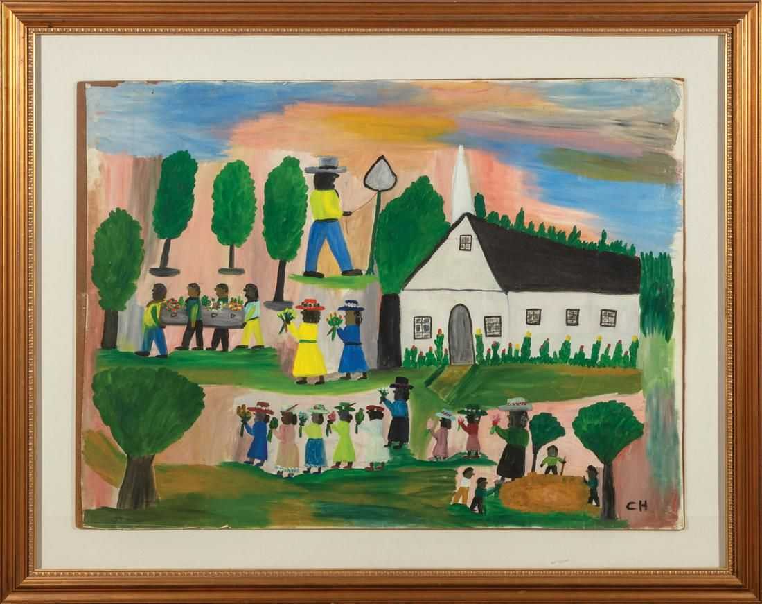 One of Clementine Hunter’s earliest paintings was ‘Early Funeral’, which she painted on a window shade. The work achieved $70,000 in September 2021 and holds the world record for the artist at auction. Image courtesy of Neal Auction Company and LiveAuctioneers.