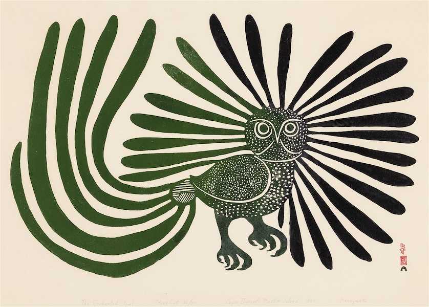 A green-tail version of Kenojuak Ashevak’s famed 1960 print ‘The Enchanted Owl’ attained CA$120,000 ($88,345) in December 2022. Image courtesy of First Arts Premiers Inc. and LiveAuctioneers.