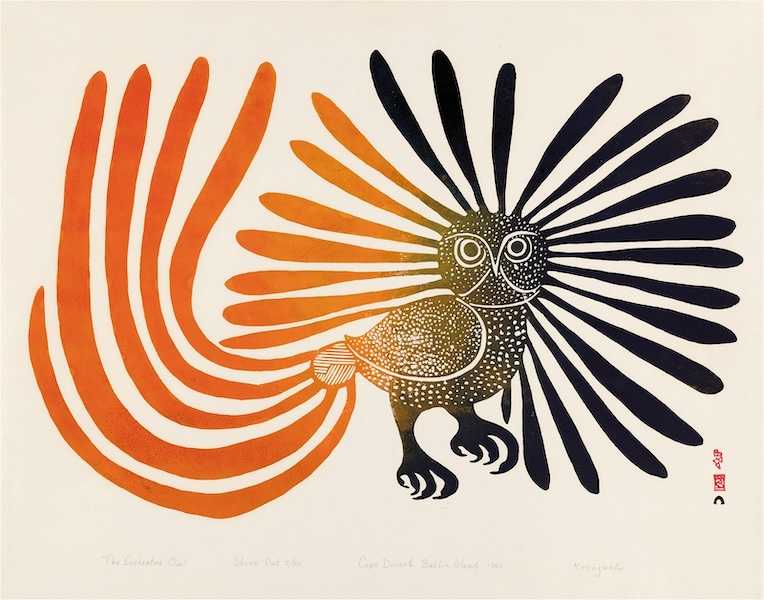 Kenojuak Ashevak’s 1960 stonecut print ‘The Enchanted Owl’ achieved CA$140,000 ($103,275) in December 2023. Image courtesy of First Arts Premiers Inc. and LiveAuctioneers.