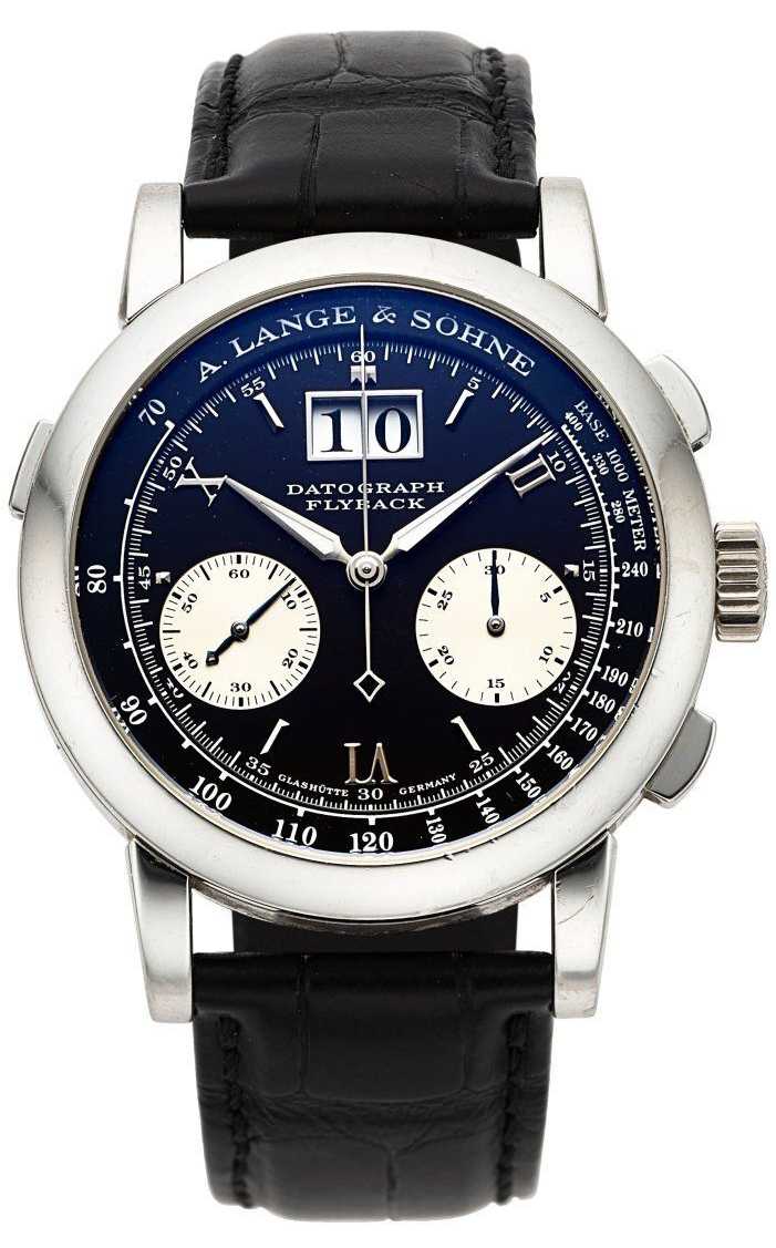Incorporating the aesthetics of triangles is this A. Lange & Söhne platinum Datograph Flyback watch that earned $55,000 plus the buyer’s premium in June 2023. Image courtesy of Heritage Auctions and LiveAuctioneers.