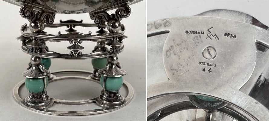 Details of a sterling silver footed bowl with an intricate base by Erik Magnussen for Gorham, which trounced its $3,000-$5,000 estimate and achieved $24,000 plus the buyer’s premium in December 2023. Image courtesy of Schwenke Auctioneers and LiveAuctioneers.