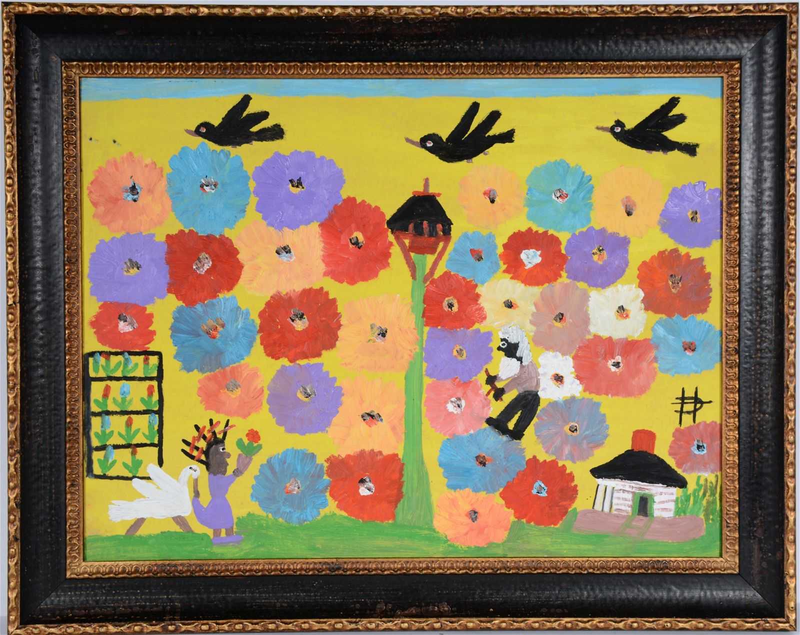 Clementine Hunter’s circa-1970s painting ‘Uncle Tom & Eliza in the Flower Garden’ features a favorite motif of the artist: zinnias. It sold for $16,500 plus the buyer’s premium in April 2021. Image courtesy of Slotin Folk Art Auction and LiveAuctioneers.
