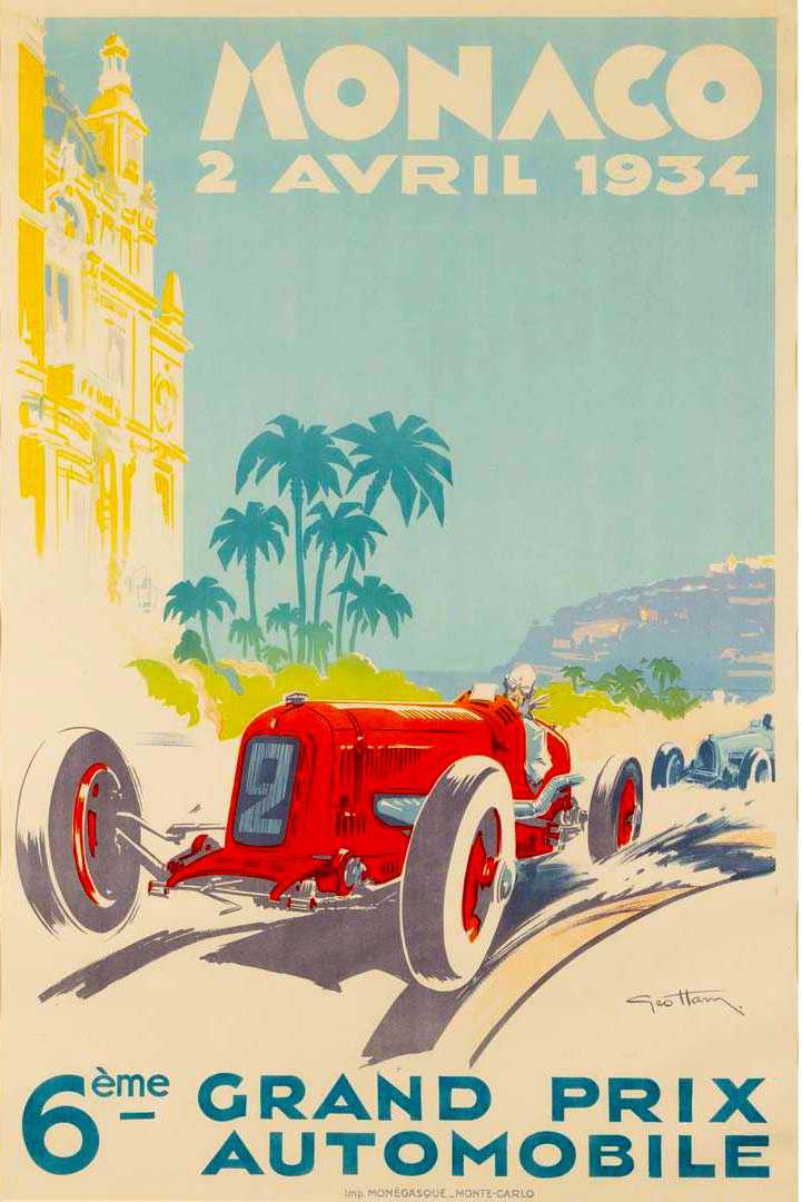 Georges Hamel, 1934 Monaco Grand Prix poster, estimated at £15,000-£20,000 ($18,844-$25,126) at Lyon & Turnbull.