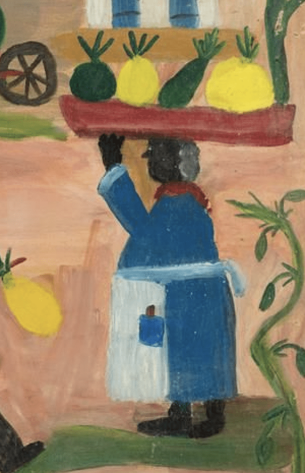 Detail of Clementine Hunter’s ‘Woman Carrying Gourds’, which made $68,000 plus the buyer’s premium in September 2021. Image courtesy of Neal Auction Company and LiveAuctioneers.