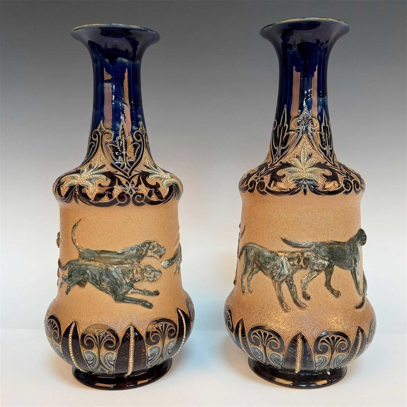 Doulton stoneware vases decorated in pâte-sur-pâte by Hannah Barlow, which hammered for $6,250 and sold for $7,812 with buyer’s premium at Lion and Unicorn on March 26.