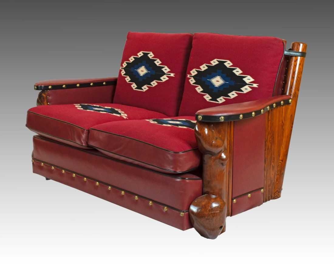 This circa-1940 Thomas Molesworth love seat, having burled fir wood and Molesworth’s signature large brass tacks, attained $47,500 plus the buyer’s premium in September 2022. Image courtesy of Jackson Hole Art Auction and LiveAuctioneers.