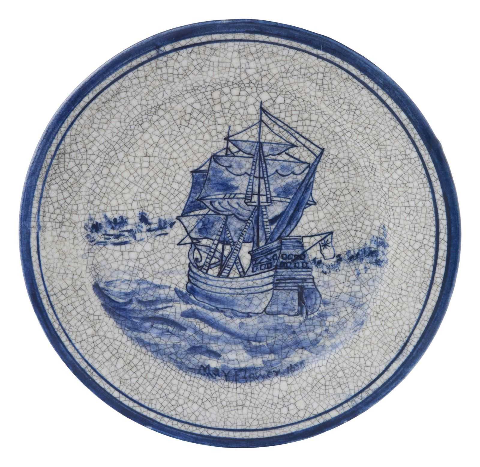 A 10in Dedham Pottery Mayflower plate brought $4,000 plus the buyer’s premium in April 2023. Image courtesy of Eldred’s and LiveAuctioneers.