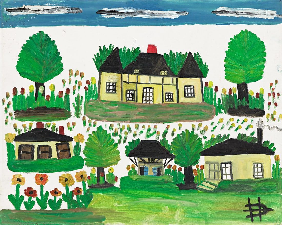 An untitled circa-1980s oil on board by Clementine Hunter showing Melrose Plantation, her home starting when she was a teenager, realized $18,000 plus the buyer’s premium in April 2024. Image courtesy of Swann Auction Galleries and LiveAuctioneers.