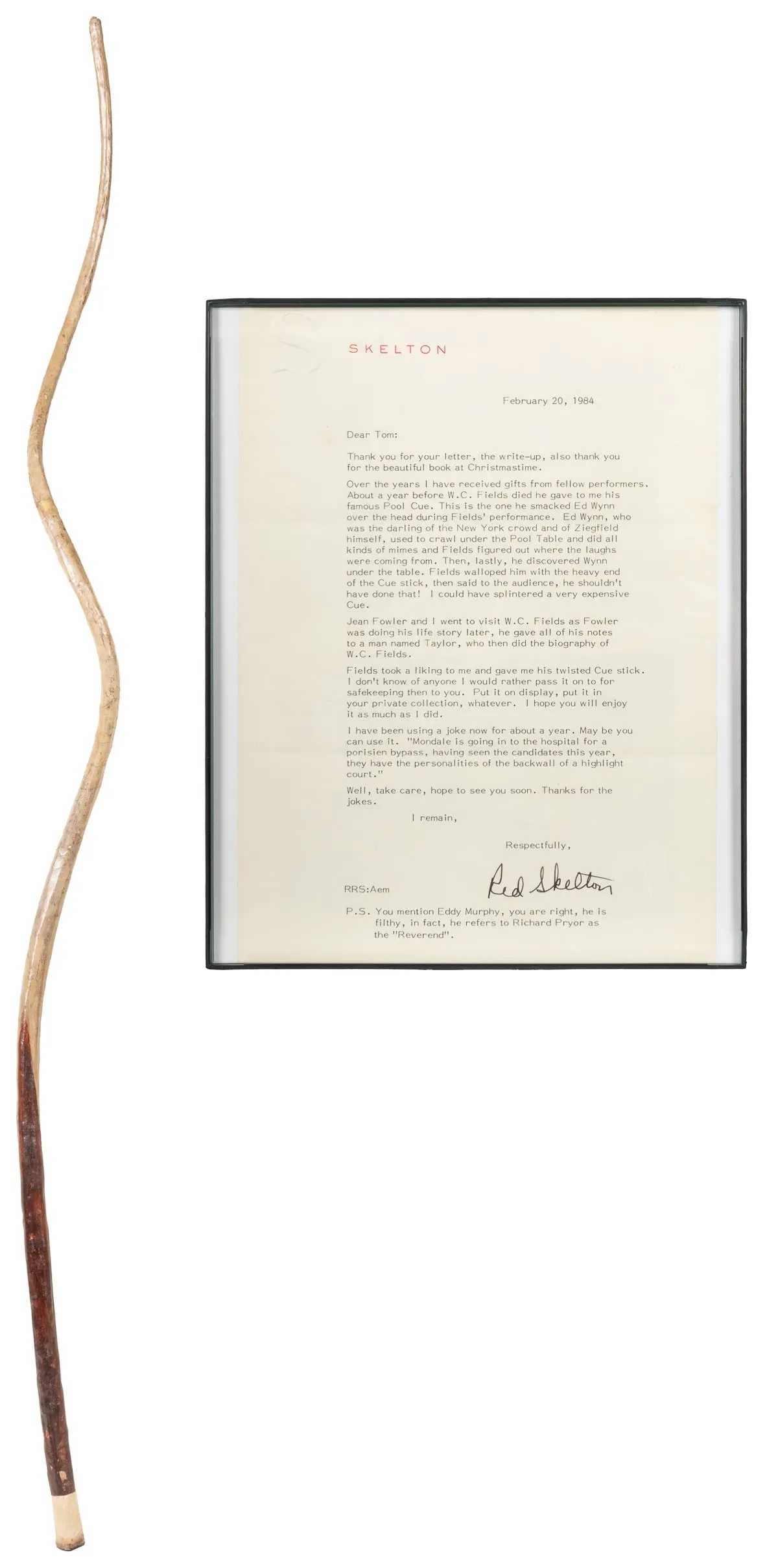 W. C. Fields’ Ziegfeld Follies-used crooked pool cue prop, shown with a provenance letter from Red Skelton, which sold for $7,500 ($9,375 with buyer’s premium) at Potter & Potter March 28.