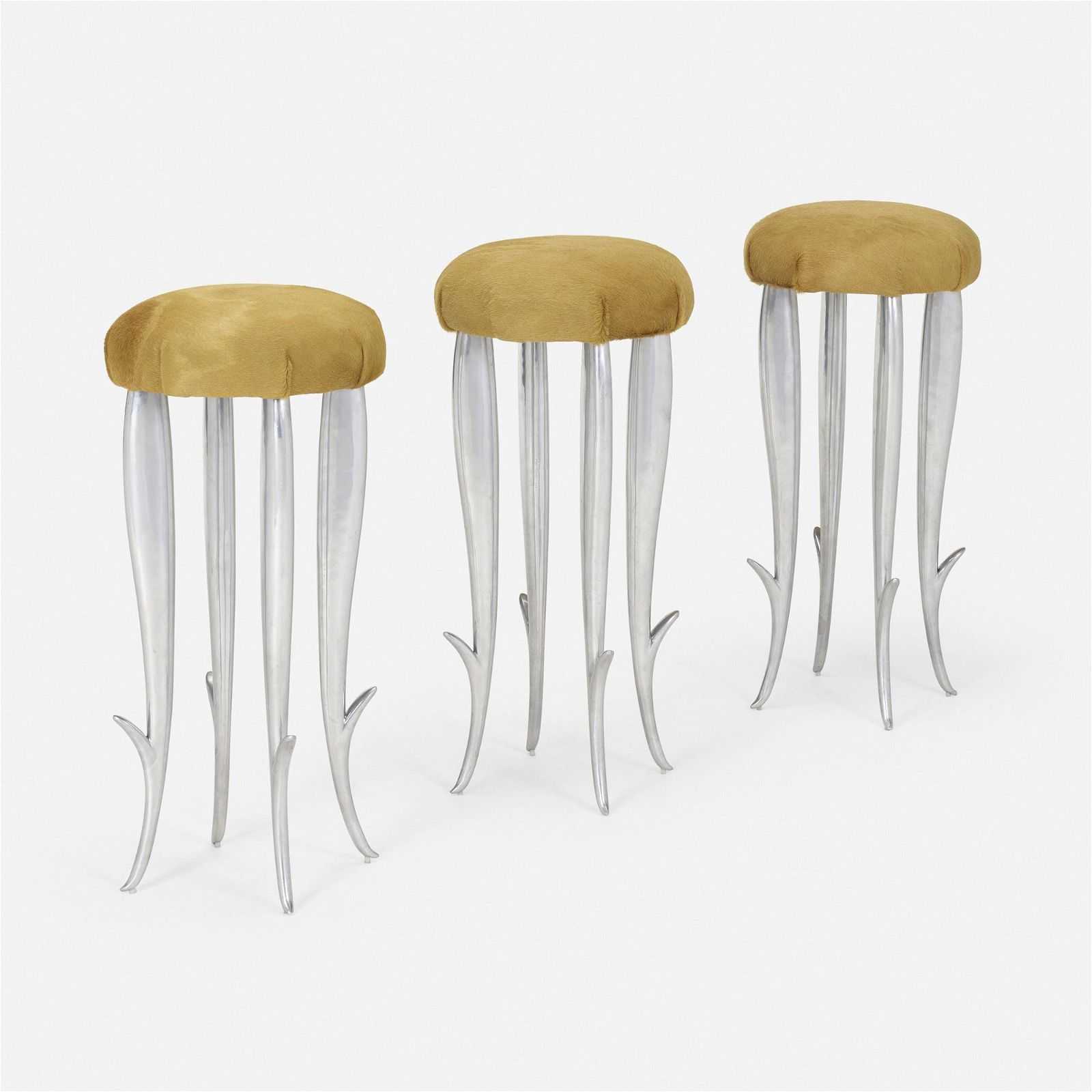 This trio of Philippe Starck Royalton barstools, made for the New York hotel of the same name, earned $4,200 plus the buyer’s premium in January 2023. Image courtesy of Wright and LiveAuctioneers.