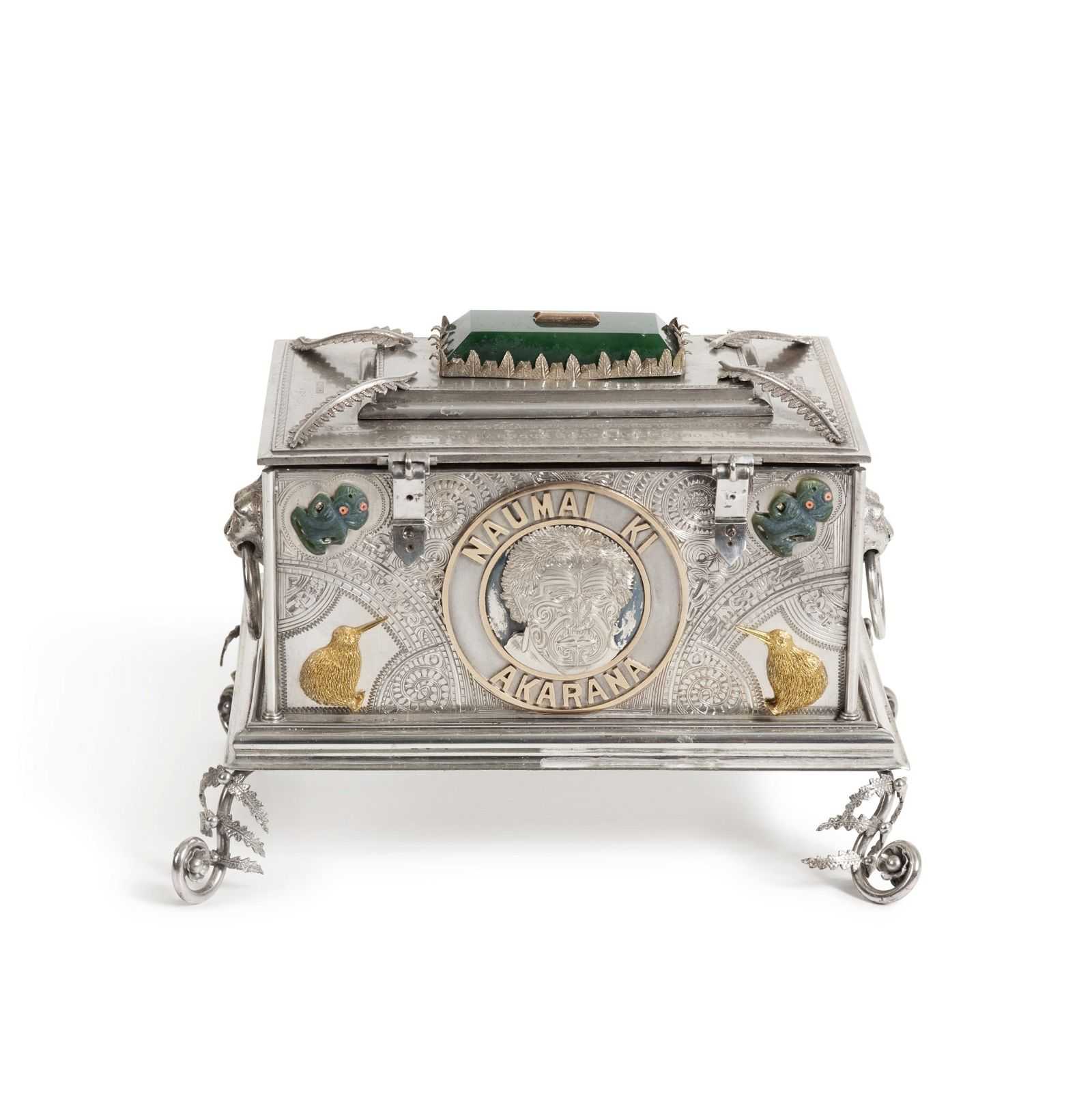 New Zealand silver, gold, and jade Arts and Crafts presentation casket, estimated at $10,000-$20,000 at Sotheby’s New York. 