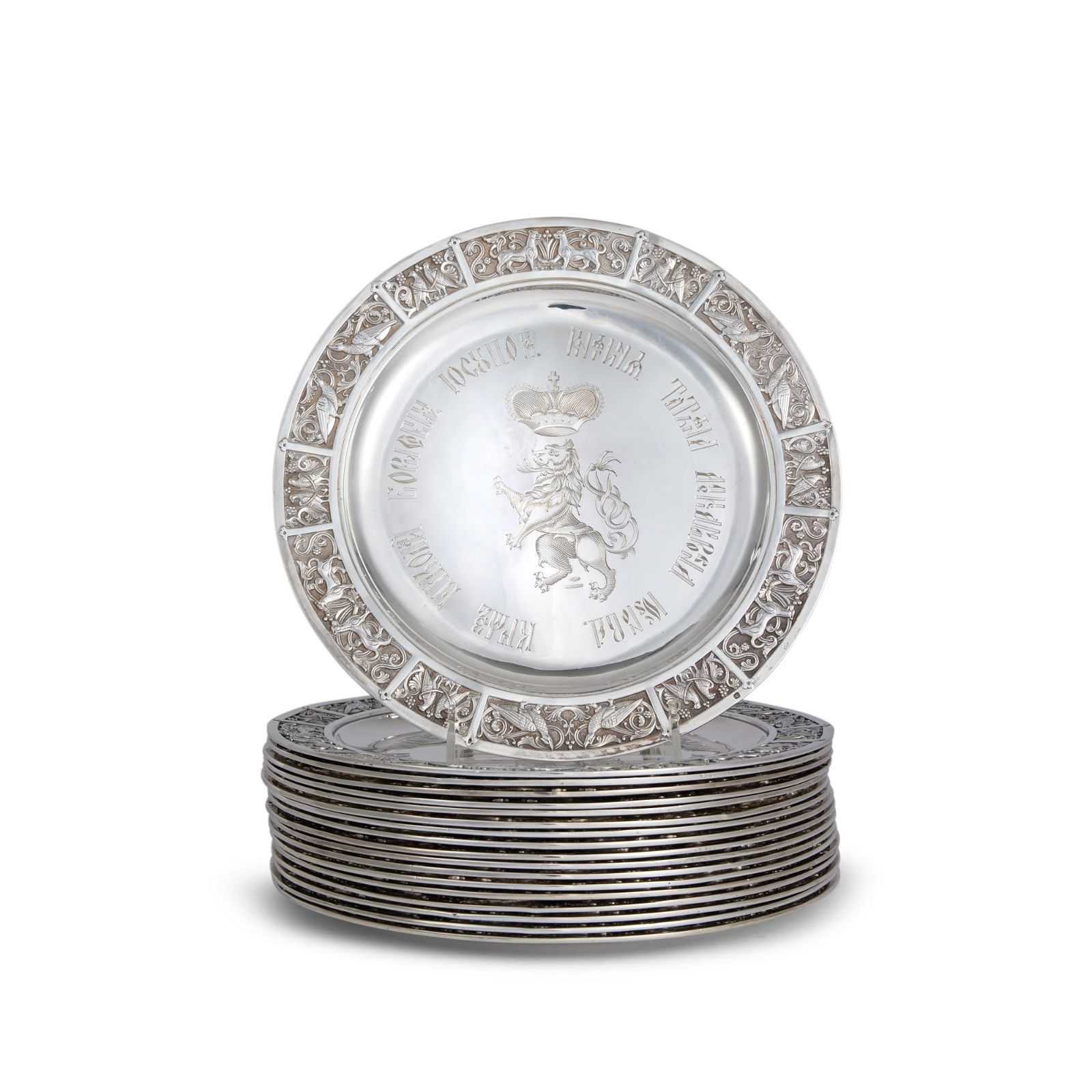 Set of 18 French Second Empire silver dinner plates by Alex Gueyton from the Youssoupov Scandinavian service, estimated at $50,000-$80,000 at Sotheby’s.