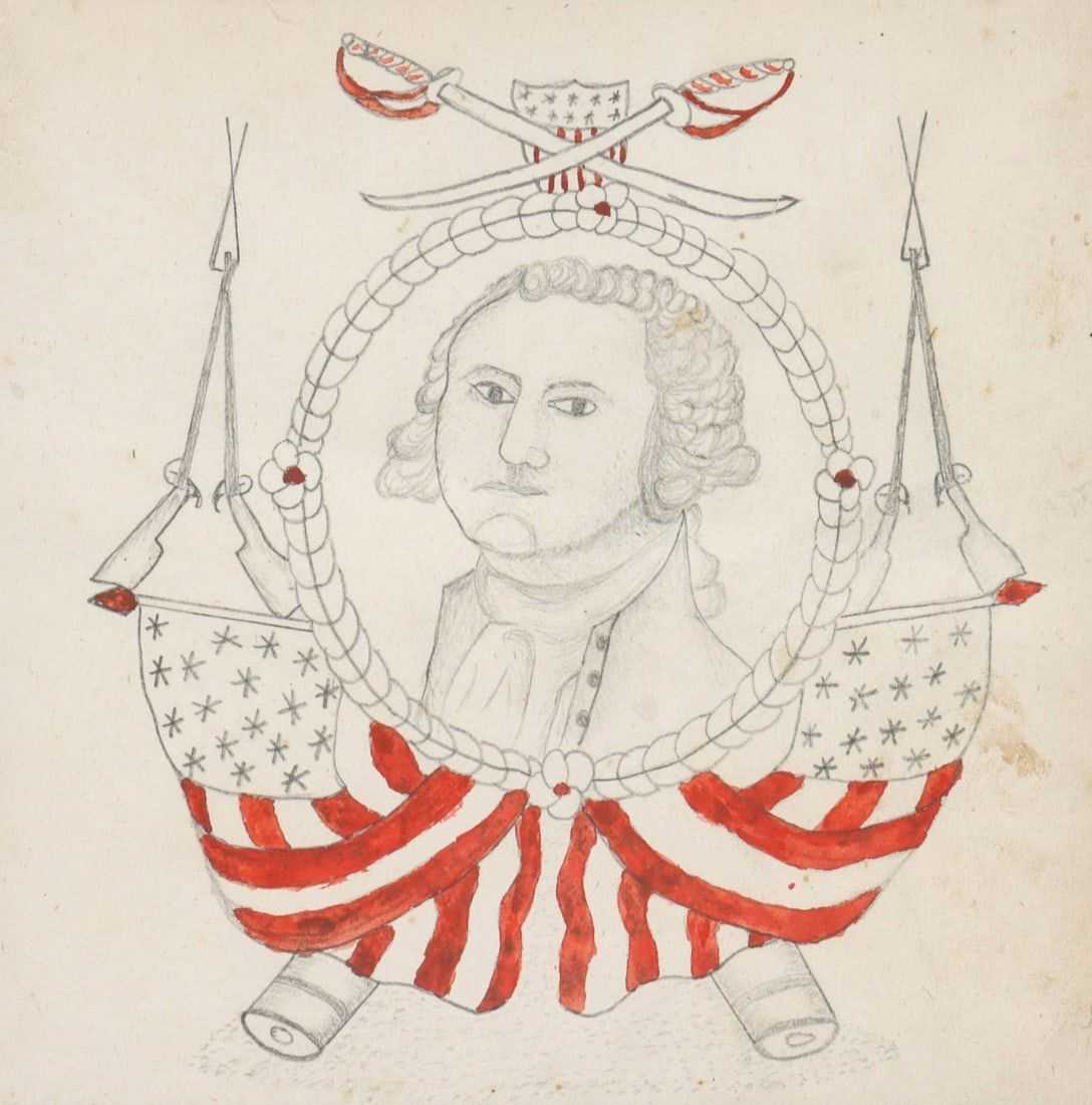 George Washington sketch from a book of 19th-century tattoo designs, estimated at $400-$600 at Soulis Auctions.