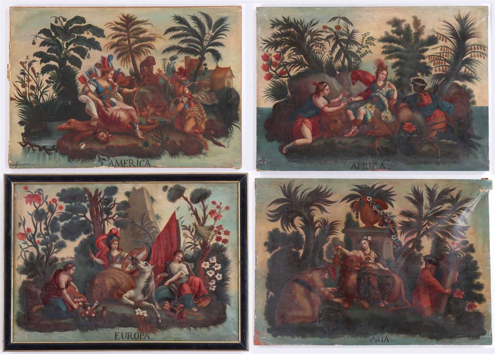 Set of 18th-century Spanish Colonial School allegories of the four continents, which hammered for $29,000 and sold for $36,250 with buyer’s premium at South Bay Auctions on March 20.