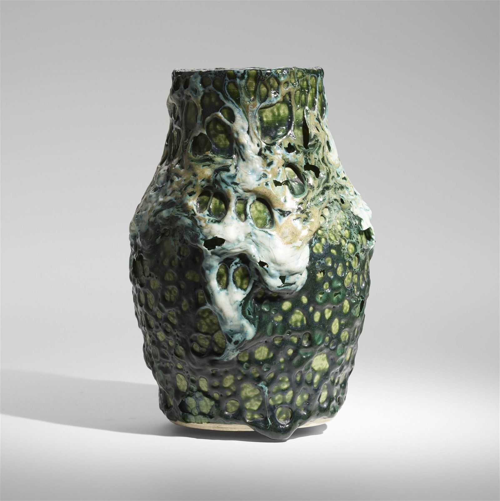 This Dedham Pottery vase with volcanic glaze brought $13,000 plus the buyer’s premium in February 2023. Image courtesy of Rago Arts and Auction Center and LiveAuctioneers.