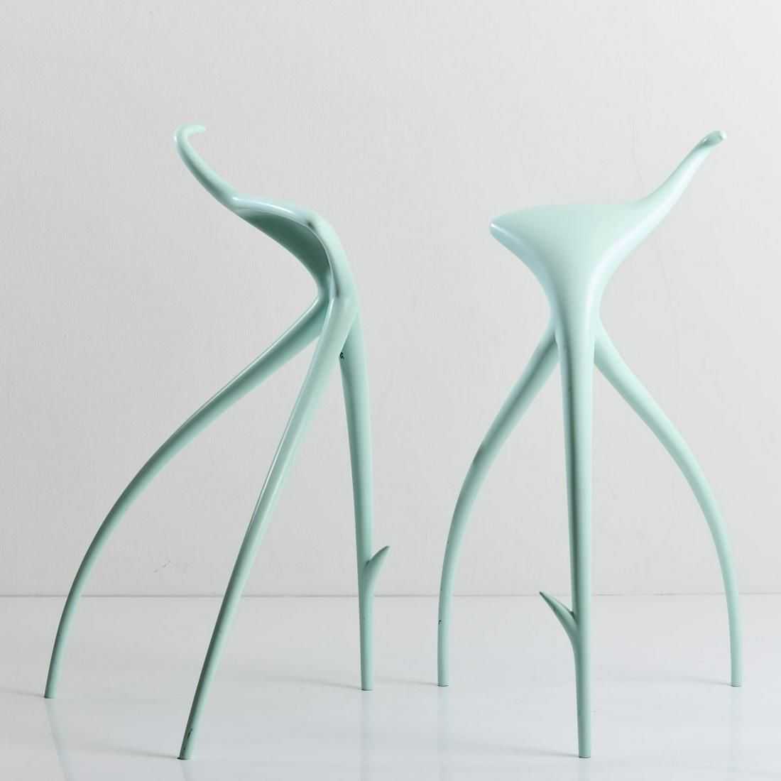 Two of Philippe Starck’s WW Stools, dating to 1990 and named after the German film maker Wim Wenders, who commissioned them, went out at €11,000 ($11,725) plus the buyer’s premium in June 2023. Image courtesy of Quittenbaum Kunstauktionen GmbH and LiveAuctioneers.