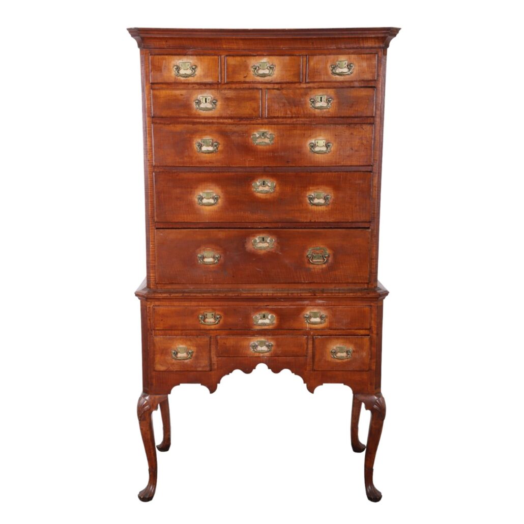 Circa-1760 Philadelphia Queen Anne tiger maple highboy in the manner of William Savery, which hammered for $42,500 and sold for $55,250 with buyer’s premium at William Bunch on March 26.