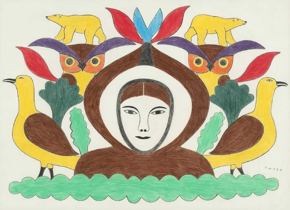 ‘Woman with Animals’, a Kenojuak Ashevak mixed media on board, made $5,000 plus the buyer’s premium in April 2019. Image courtesy of Santa Fe Art Auction and LiveAuctioneers.