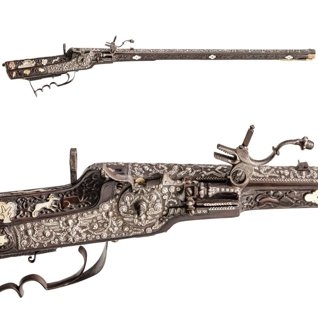 Circa-1650 deluxe wheellock rifle with silver and mother-of-pearl inlays, made for Ferdinand III of Austria and featuring embellishments by the artisan known as the Master of the Animal-Head Scroll, estimated at €35,000-€70,000 ($37,430-$74,860) at Hermann Historica on May 16.
