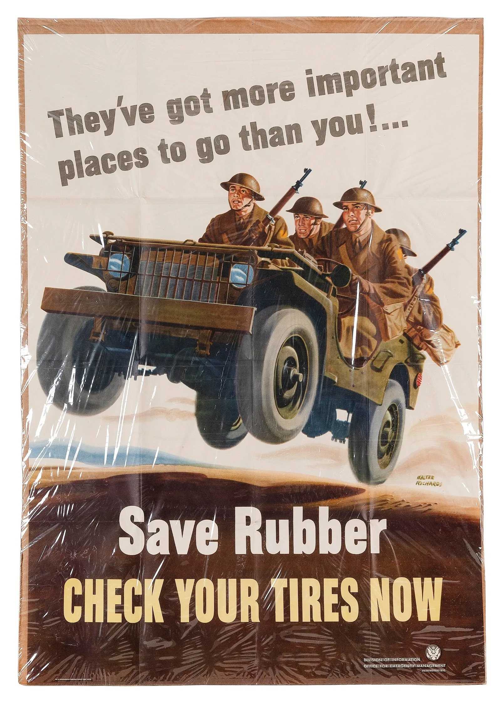 'Save Rubber' WWII Jeep poster, estimated at $250-$300 at Eldred's.