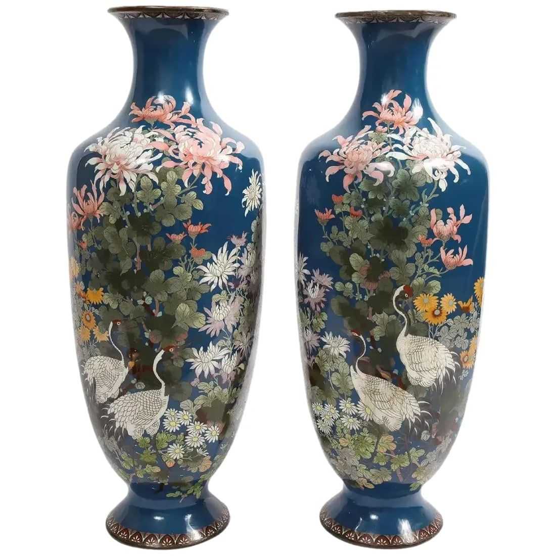 Large pair of Japanese Meiji period blue-ground cloisonné enamel vases, estimated at $18,000-$22,000 at Jasper52.