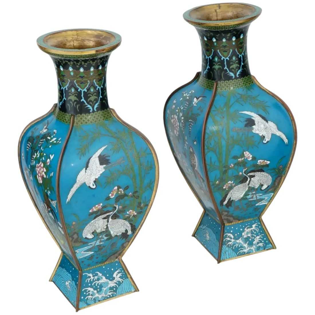 Circa-1880 pair of Japanese Meiji period facet cloisonné vases, estimated at $15,000-$18,000 at Jasper52.