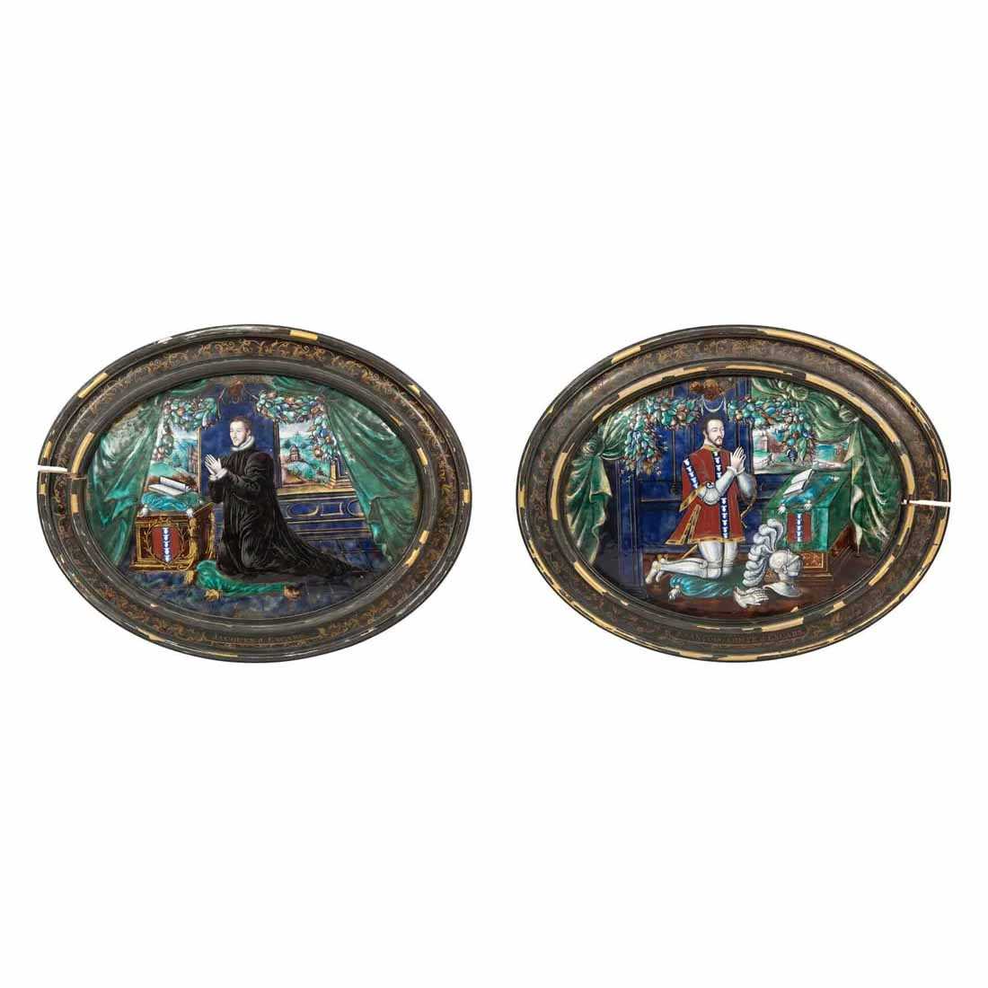 Pair of Limoges Enameled Copper Plaques Attributed to Leonard Limousin, which sold for $410,000 ($537,100 with buyer's premium) at Freeman's Hindman.