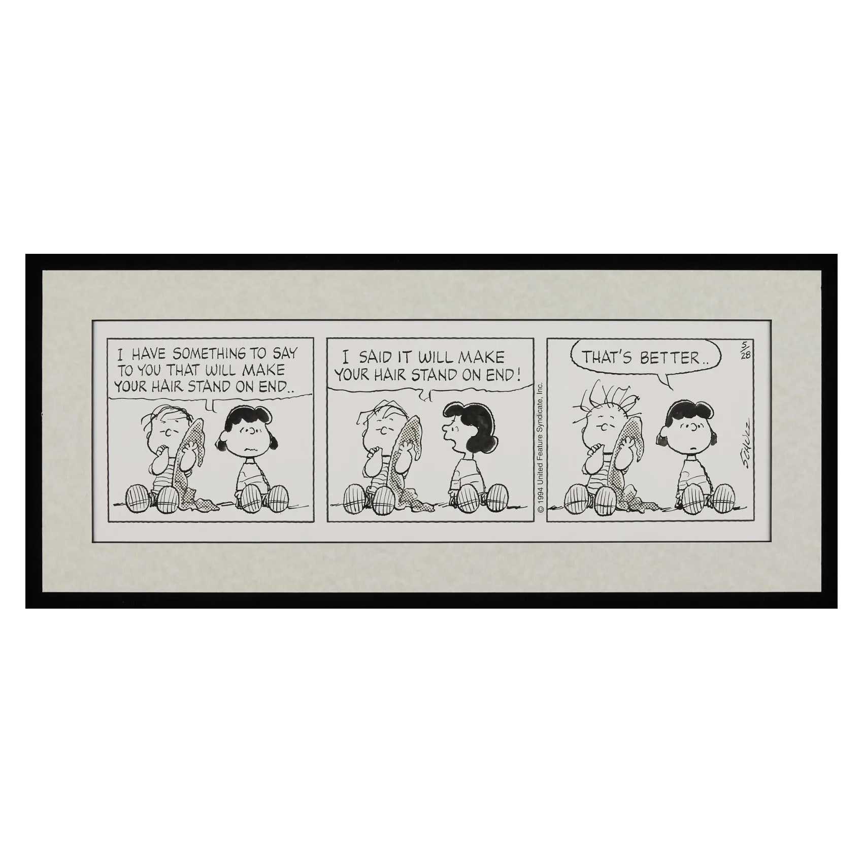 'Peanuts' daily comic strip art for Wednesday, March 15, 1995, estimated at $10,000-$15,000 at Revere.