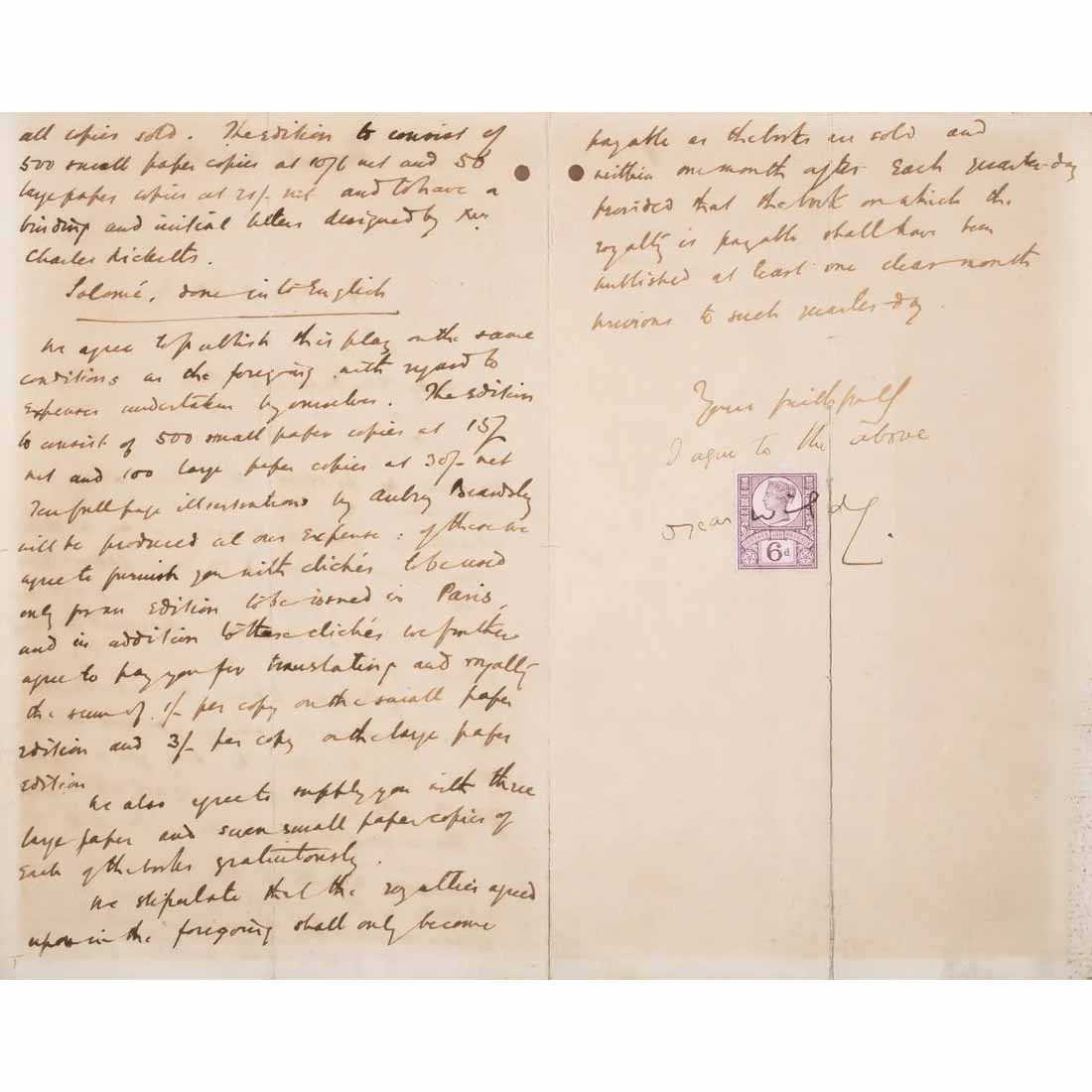 Oscar Wilde and Aubrey Beardsley signed contract letters, estimated at £15,000-£20,000 ($19,000-$25,000) at Forum Auctions.