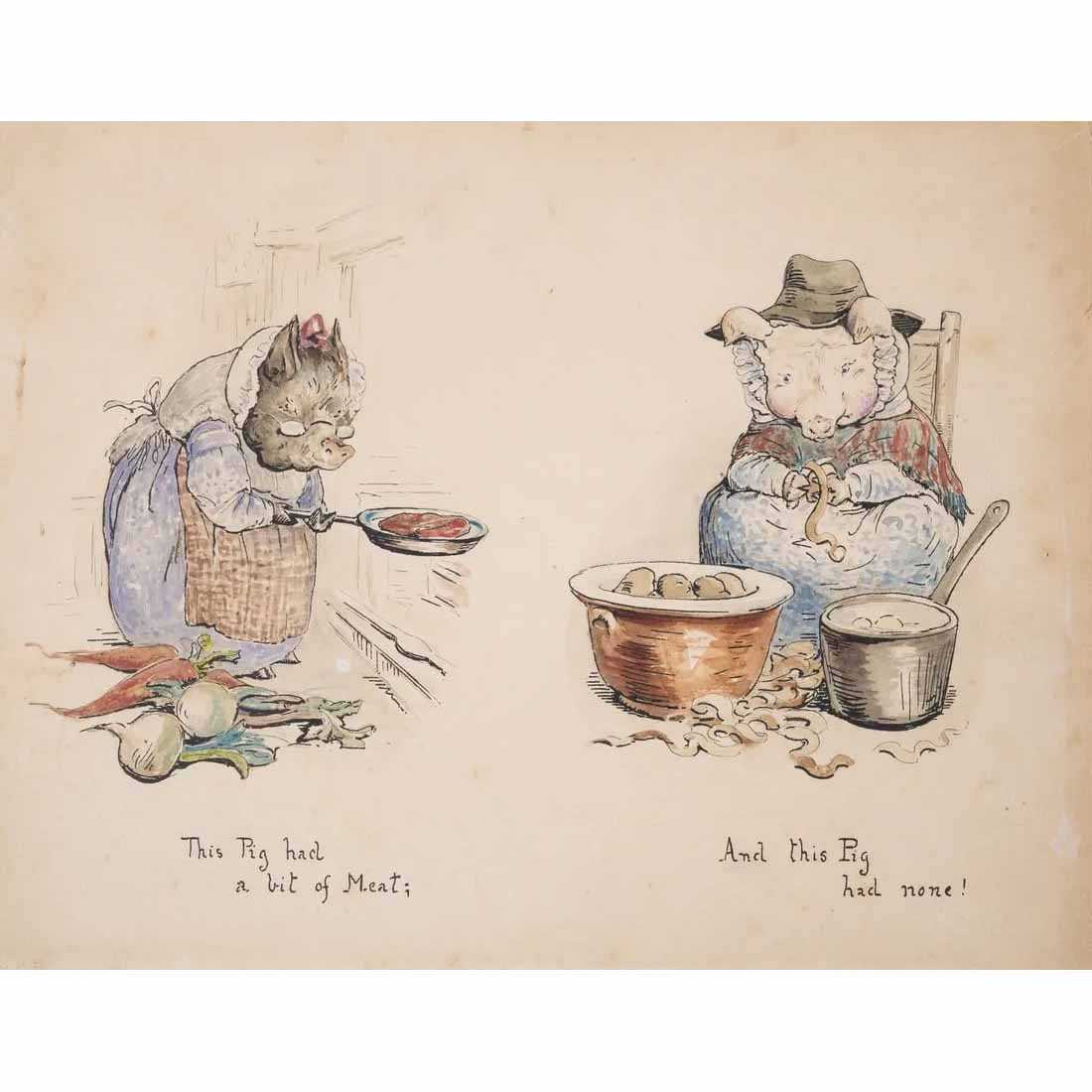 Four original Beatrix Potter illustrations for 'This pig went to market,' estimated at £60,000-£80,000 ($75,000-$100,000) at Forum Auctions. 