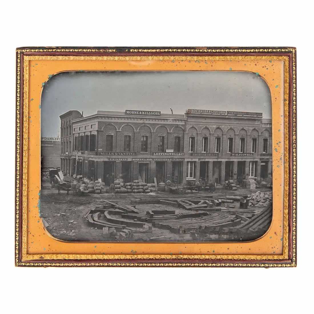 Daguerreotype of the southeast corner of Front and Sacramento Streets in San Francisco circa 1852-1853, estimated at $30,000-$50,000 at Freeman's Hindman.
