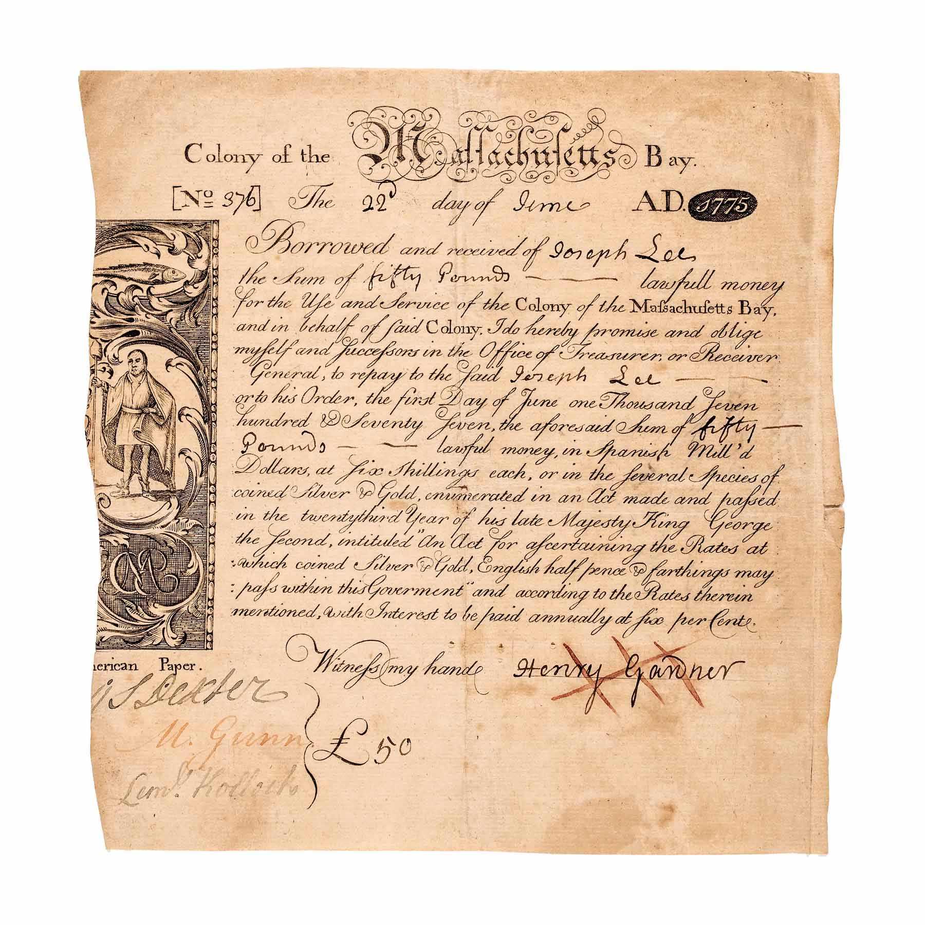 Paul Revere, 'King Philip' Bond signed by Boston Tea Party Participant Captain Joseph Lee, estimated at $20,000-$30,000 at Early American History Auctions.