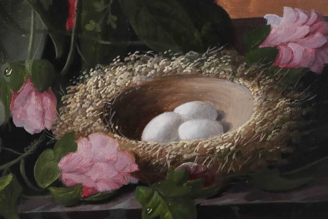 Detail of a bird’s nest that appears at the bottom right of a Severin Roesen still life that realized $35,000 plus the buyer’s premium in September 2023. Image courtesy of Nye & Company and LiveAuctioneers.