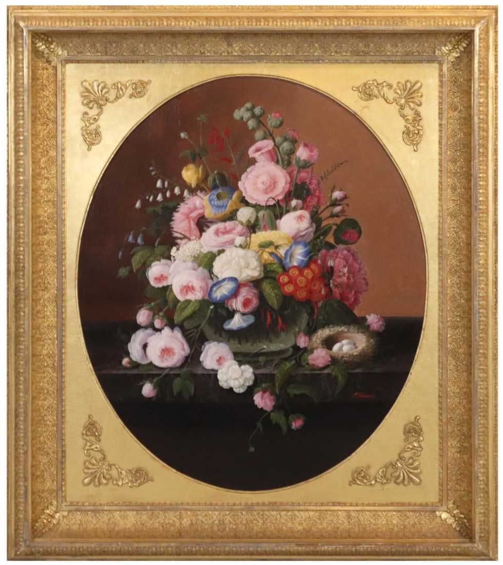 Similar in structure to some of his other floral arrangements, this Severin Roesen still life that includes a bird’s nest realized $35,000 plus the buyer’s premium in September 2023. Image courtesy of Nye & Company and LiveAuctioneers.