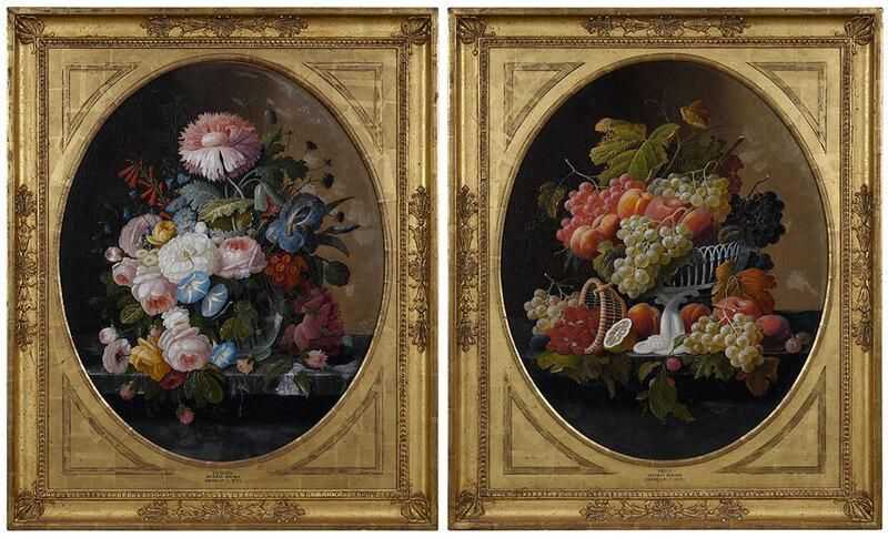 A highly detailed and realistic pair of still lifes by Severin Roesen earned $42,000 plus the buyer’s premium in September 2020. Image courtesy of Brunk Auctions and LiveAuctioneers.