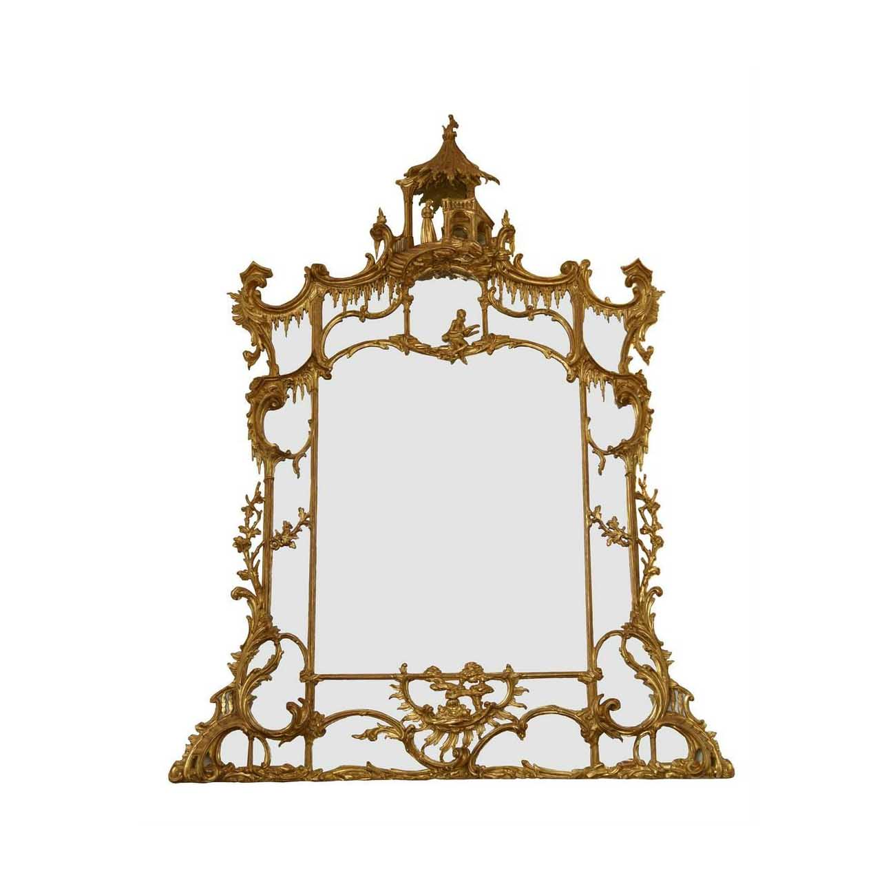 Large George III-style late 18th- or early 19th-century carved giltwood overmantle mirror, which sold for £10,000 (about $12,500) plus the buyer’s premium in September 2022. Image courtesy of Dreweatts Donnington Priory and LiveAuctioneers.