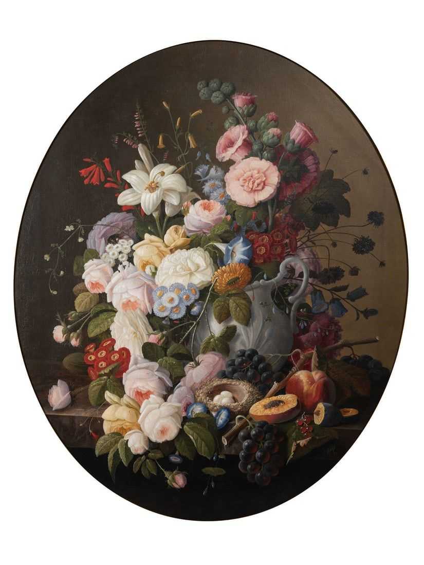 A circa-1870 floral still life with fruit by Severin Roesen brought $47,500 plus the buyer’s premium in October 2023. Image courtesy of Freeman’s Hindman and LiveAuctioneers.