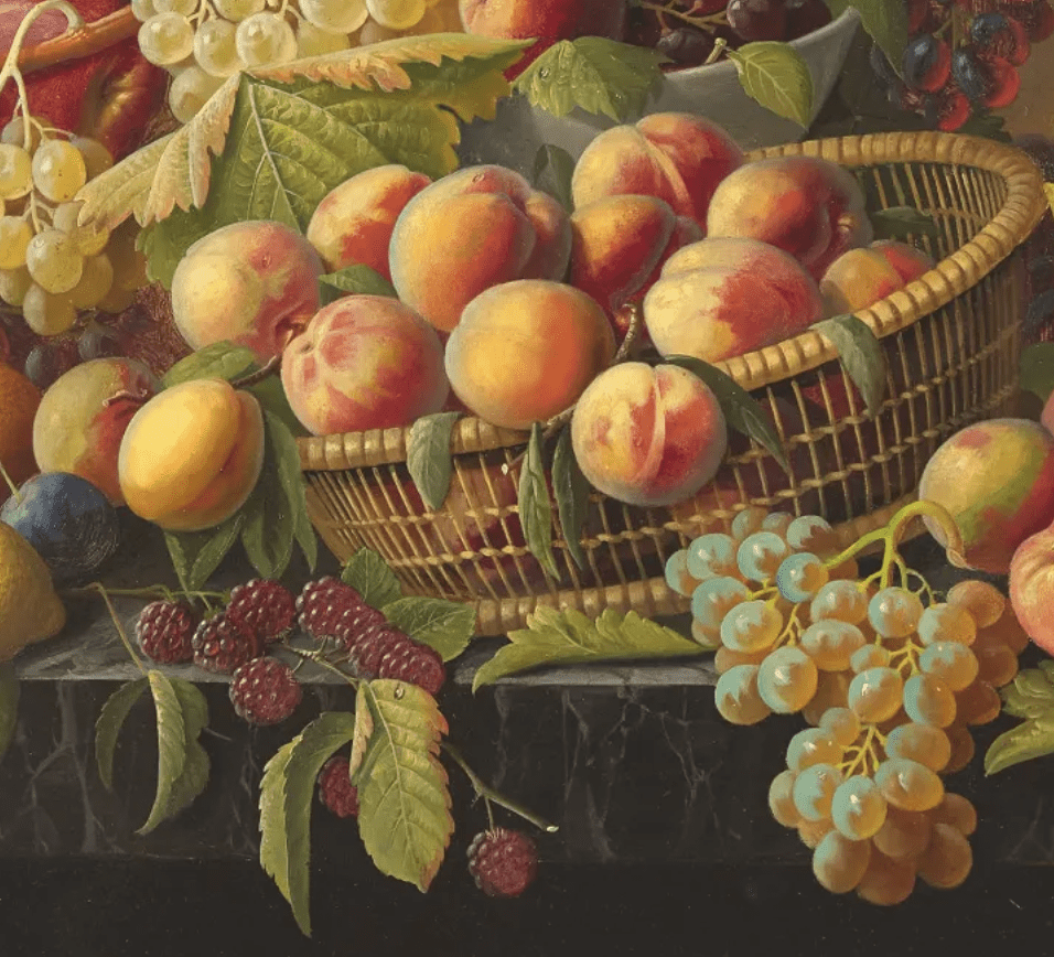 Closeup on a basket in a Severin Roesein still life, depicted filled with peaches and surrounded by raspberries. It achieved $37,500 plus the buyer’s premium in December 2023. Image courtesy of Freeman’s Hindman and LiveAuctioneers.
