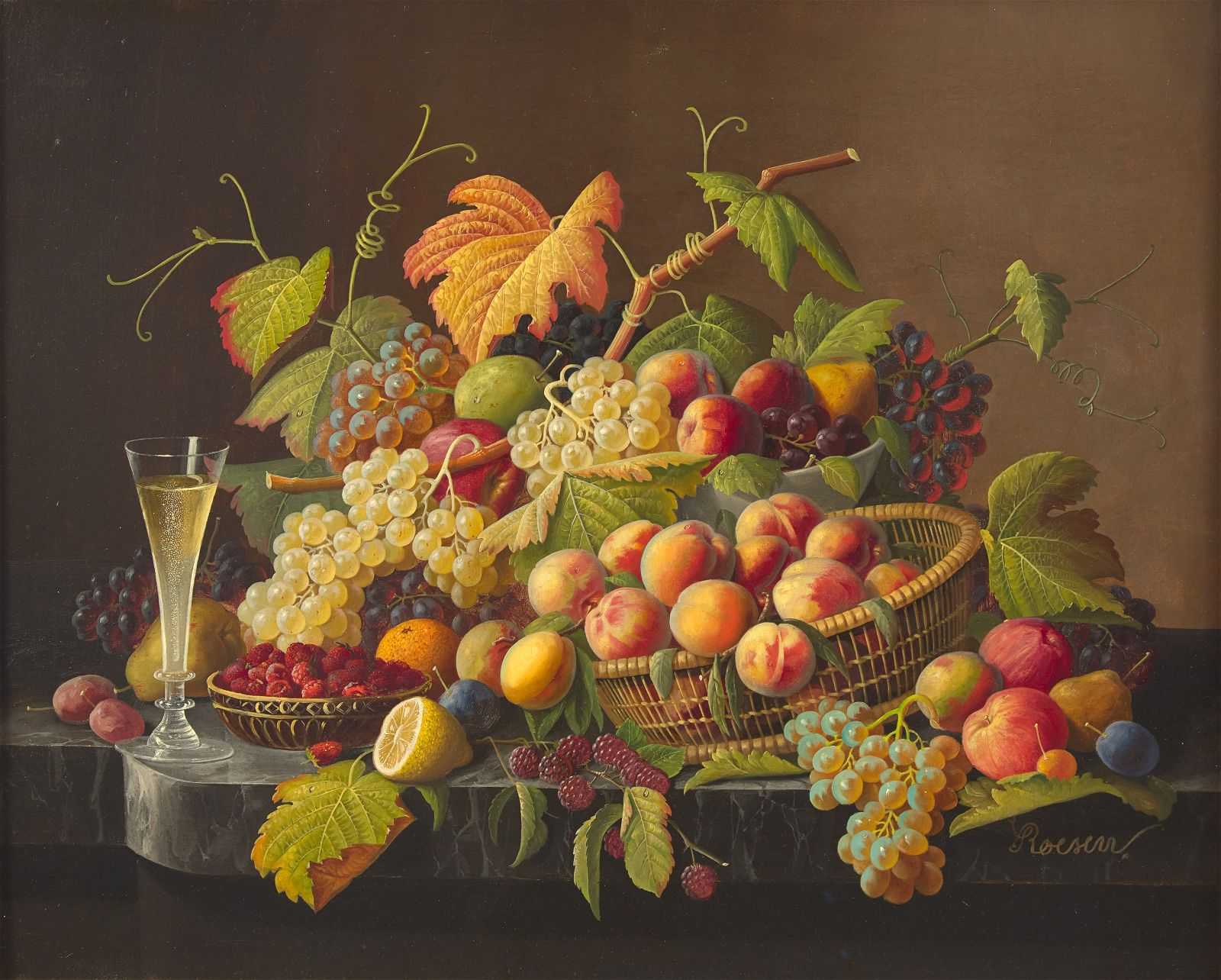 Peaches, apples, grapes, raspberries, and leaves are grouped in a basket in this Severin Roesen still life that achieved $37,500 plus the buyer’s premium in December 2023. Image courtesy of Freeman’s Hindman and LiveAuctioneers.