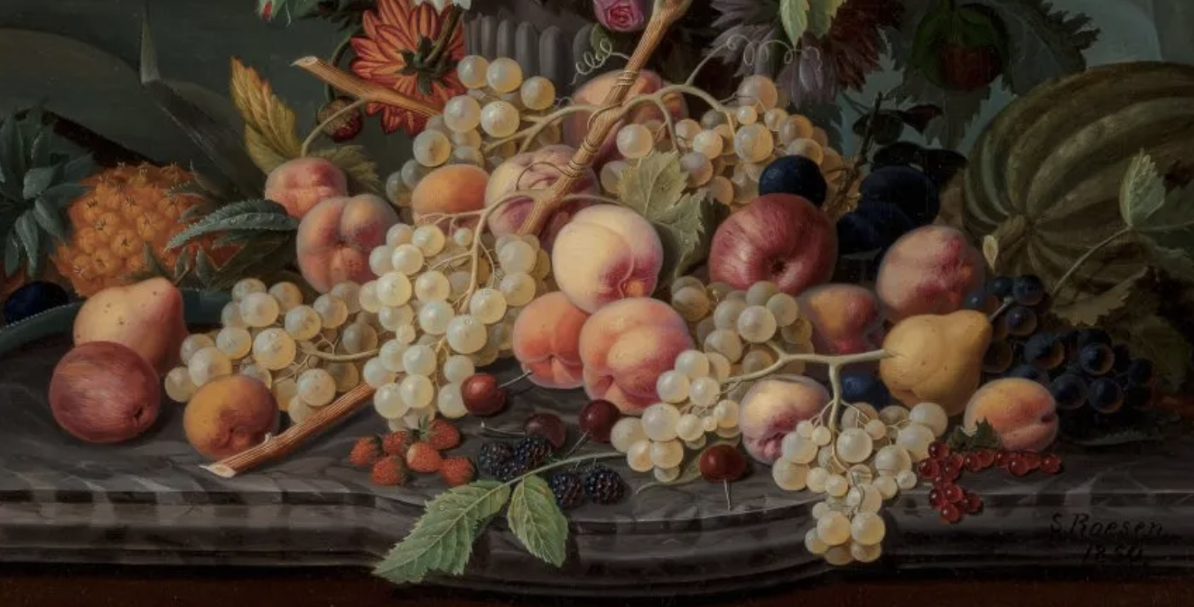 A factor that might have driven this 1850 Severin Roesen still life to attain $240,000 plus the buyer’s premium in May 2022 is its inclusion of exotic fruits such as a pineapple (far left) and a watermelon (far right). Image courtesy of Heritage Auctions and LiveAuctioneers.