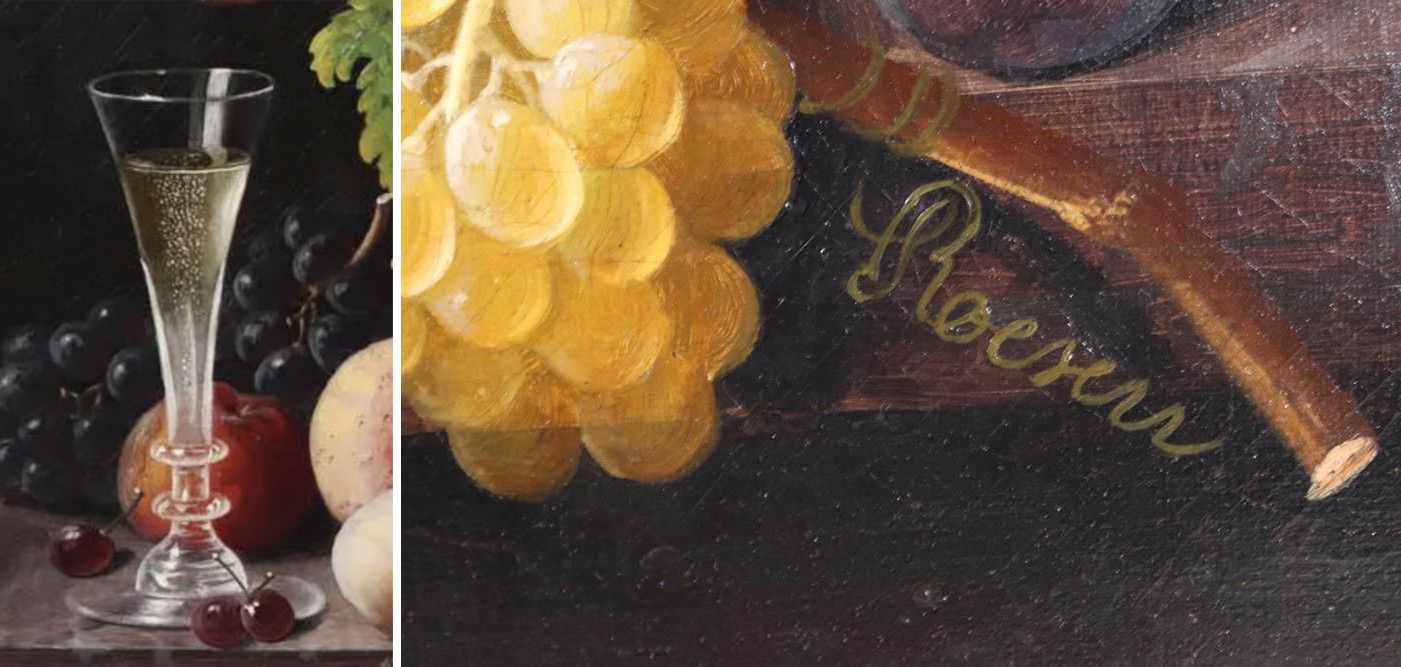 Detail of a champagne flute and Severin Roesen’s signature on a still life that made $30,000 plus the buyer’s premium in October 2021. Image courtesy of Nye & Company and LiveAuctioneers.