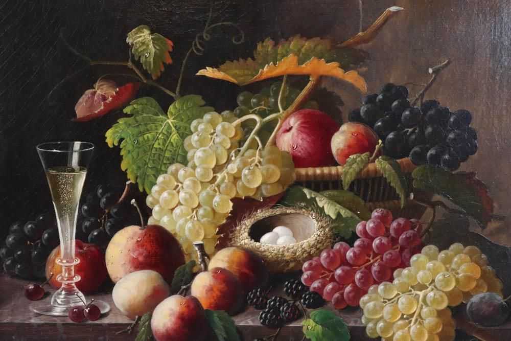 A Severin Roesen still life including a filled champagne flute made $30,000 plus the buyer’s premium in October 2021. Image courtesy of Nye & Company and LiveAuctioneers.