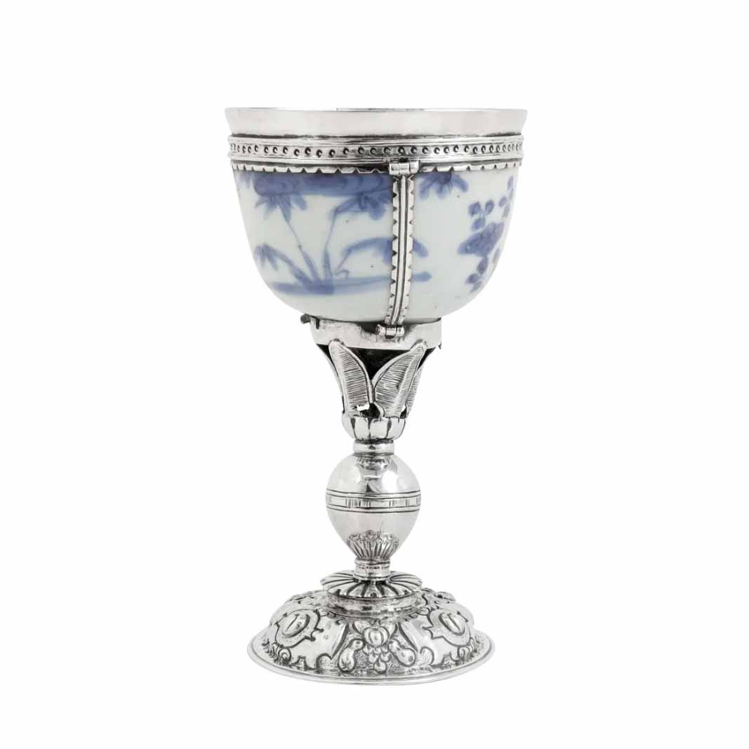 The de Pinna cup, an unrecorded, unmarked silver-mounted Chinese porcelain bowl with mounts dated to circa 1580-1600, estimated at £6,000-£8,000 ($7,700-$10,000) at Chiswick Auctions.